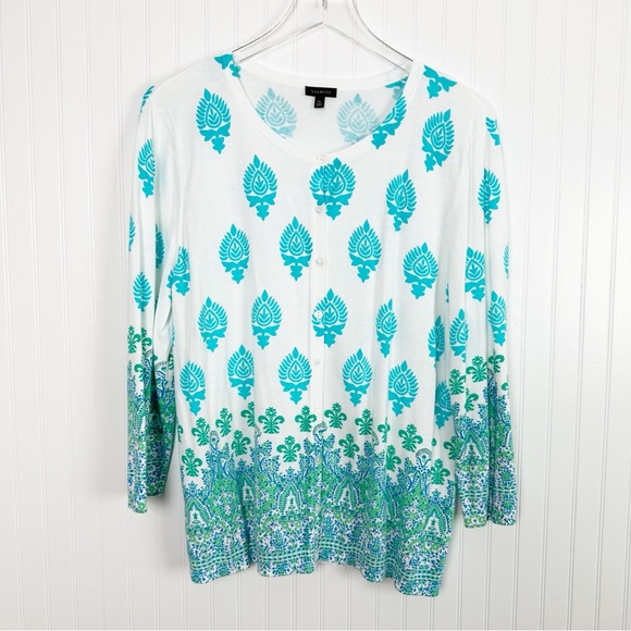 Talbots Sweaters - 1X TALBOTS PAISLEY 3/4 SLEEVE CARDIGAN WHITE/TEAL